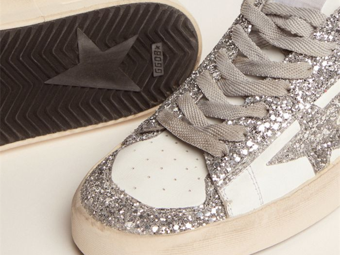 GOLDEN GOOSE Stardan sneakers in white leather and silver glitter