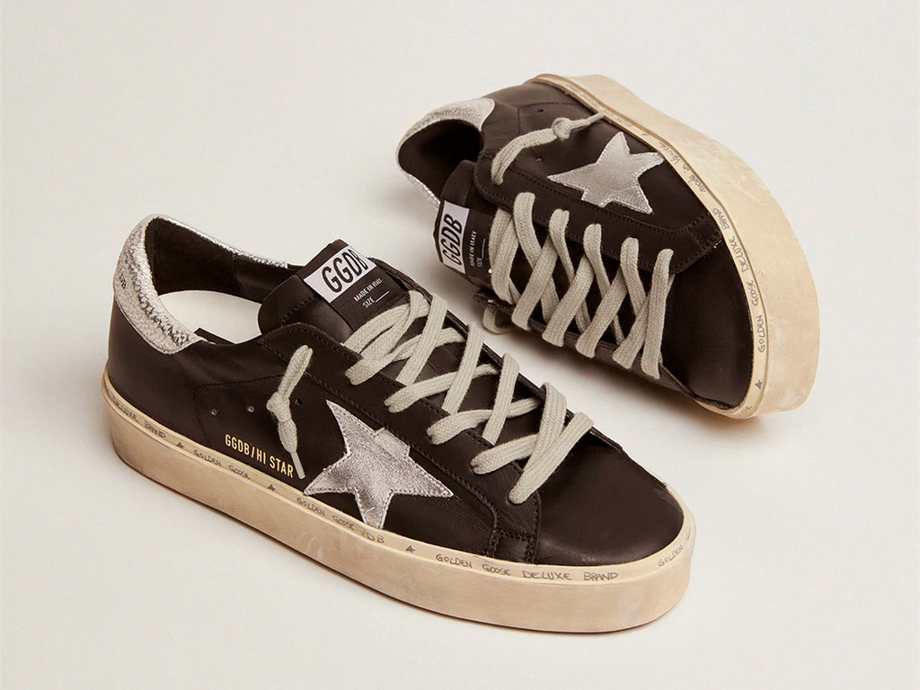 GOLDEN GOOSE Hi Star sneakers in black leather with silver laminated leather star