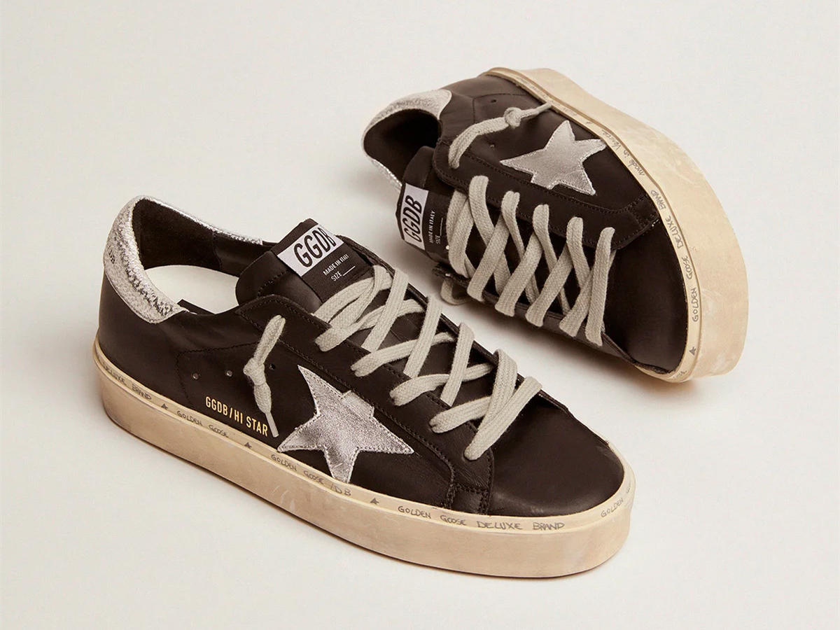 GOLDEN GOOSE Hi Star sneakers in black leather with silver laminated leather star