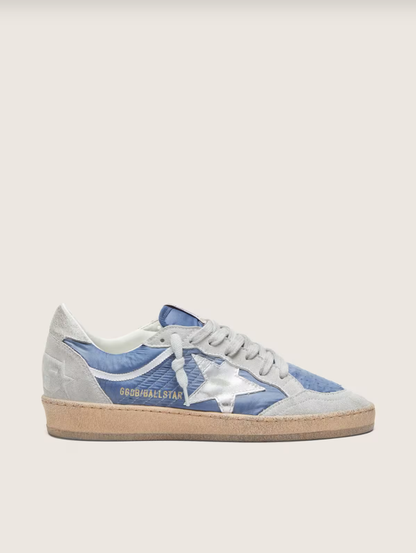 Ball Star in denim-blue nylon with light gray suede inserts and metallic silver leather star