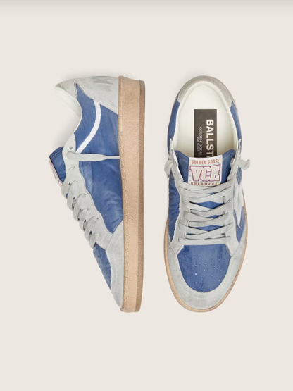 Ball Star in denim-blue nylon with light gray suede inserts and metallic silver leather star
