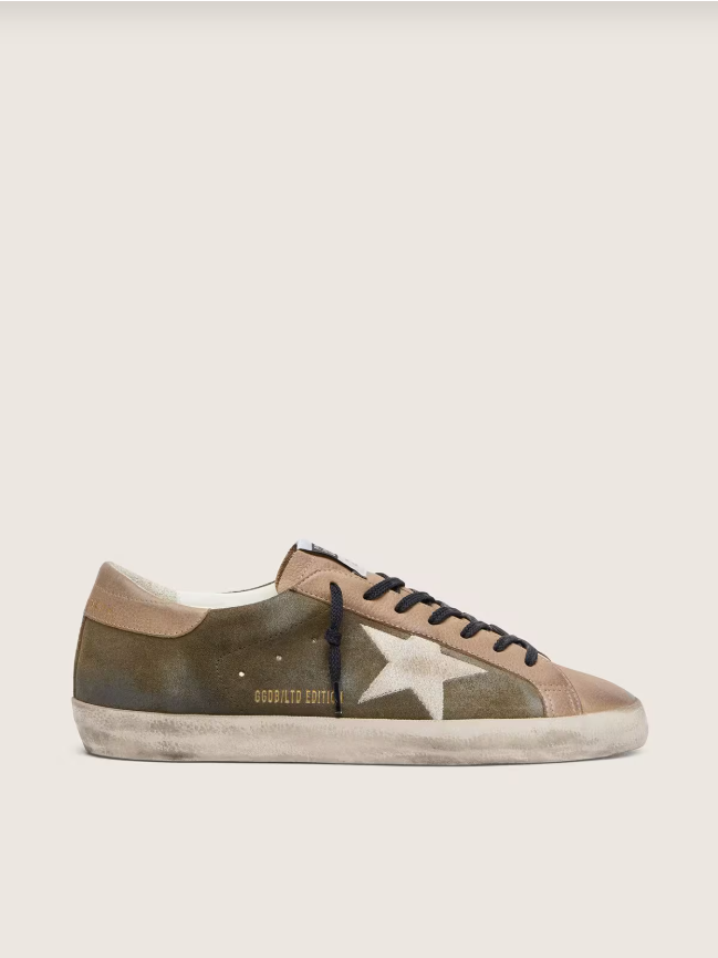 Golden Goose Super-Star LTD in olive-green suede with cream embroidered star