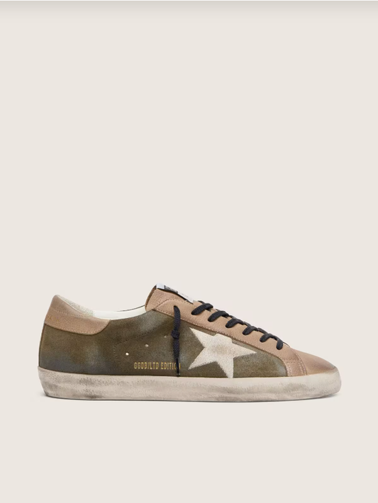 Golden Goose Super-Star LTD in olive-green suede with cream embroidered star