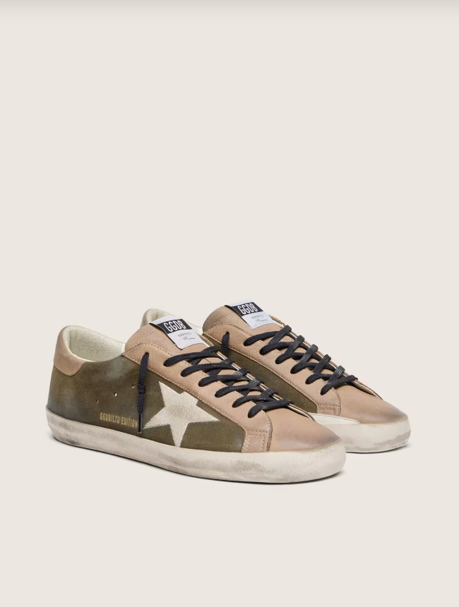 Golden Goose Super-Star LTD in olive-green suede with cream embroidered star