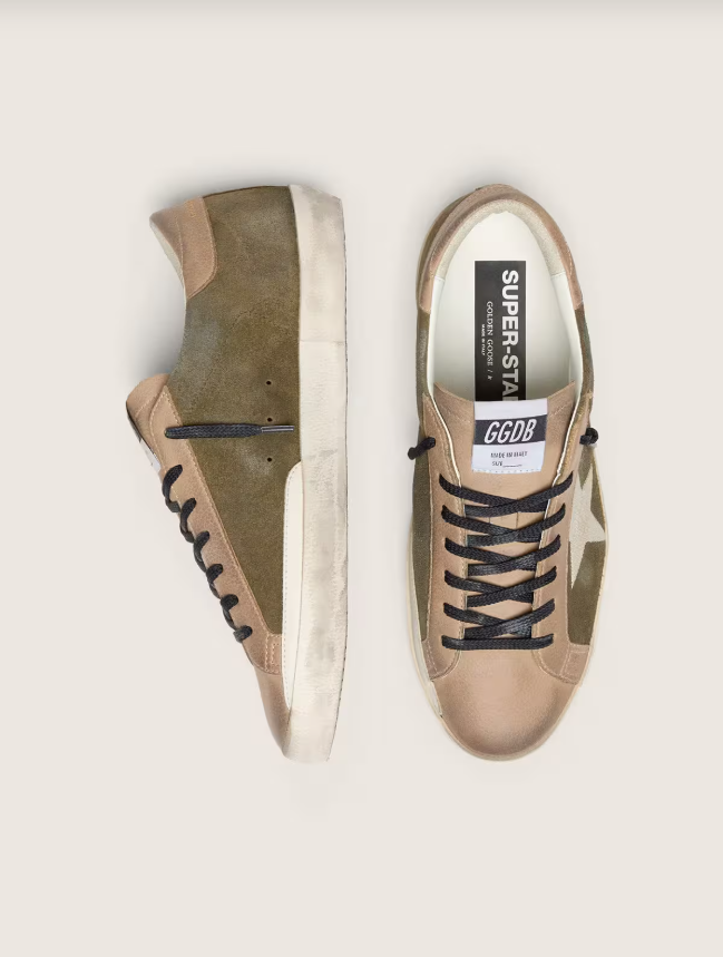 Golden Goose Super-Star LTD in olive-green suede with cream embroidered star
