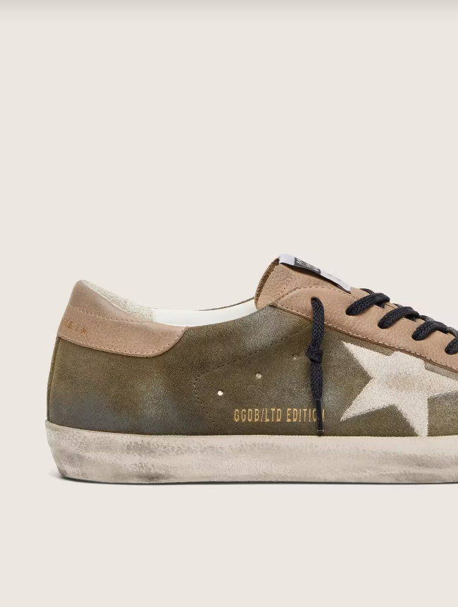 Golden Goose Super-Star LTD in olive-green suede with cream embroidered star