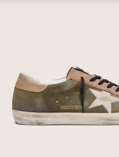 Golden Goose Super-Star LTD in olive-green suede with cream embroidered star