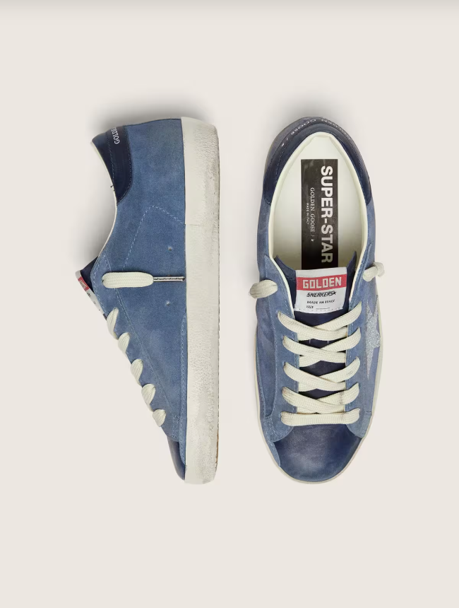 Golden Goose Super-Star in denim-blue suede with silver glitter star