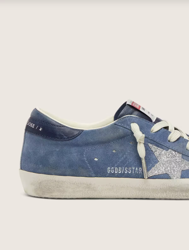 Golden Goose Super-Star in denim-blue suede with silver glitter star
