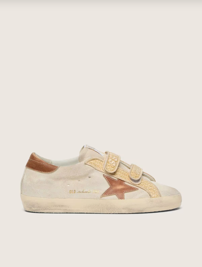 Golden Goose Old School in pearl suede with brick-red leather star and raffia strap