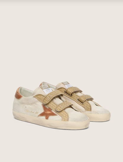Golden Goose Old School in pearl suede with brick-red leather star and raffia strap