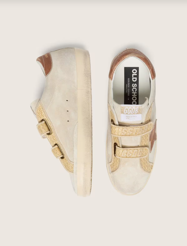 Golden Goose Old School in pearl suede with brick-red leather star and raffia strap