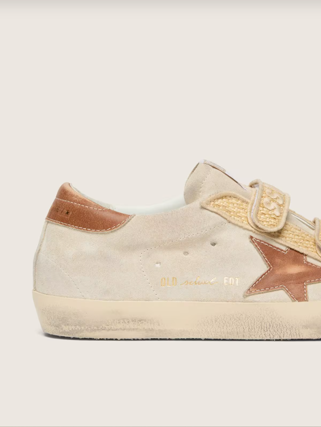 Golden Goose Old School in pearl suede with brick-red leather star and raffia strap