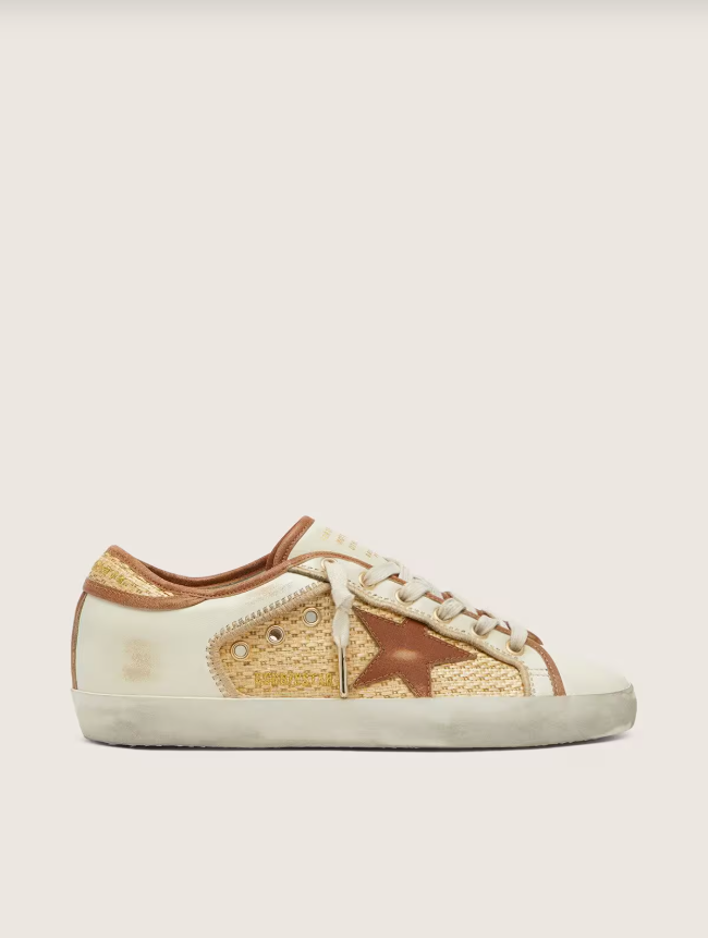 Golden Goose Super-Star in white leather and raffia with brick-red star and inserts