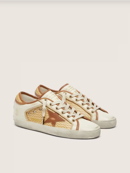 Golden Goose Super-Star in white leather and raffia with brick-red star and inserts