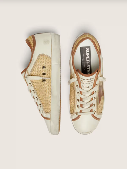 Golden Goose Super-Star in white leather and raffia with brick-red star and inserts