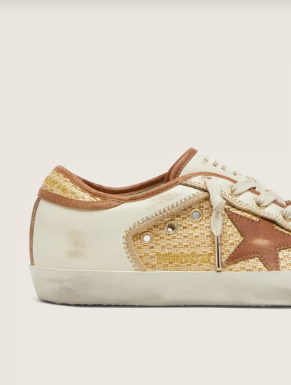 Golden Goose Super-Star in white leather and raffia with brick-red star and inserts