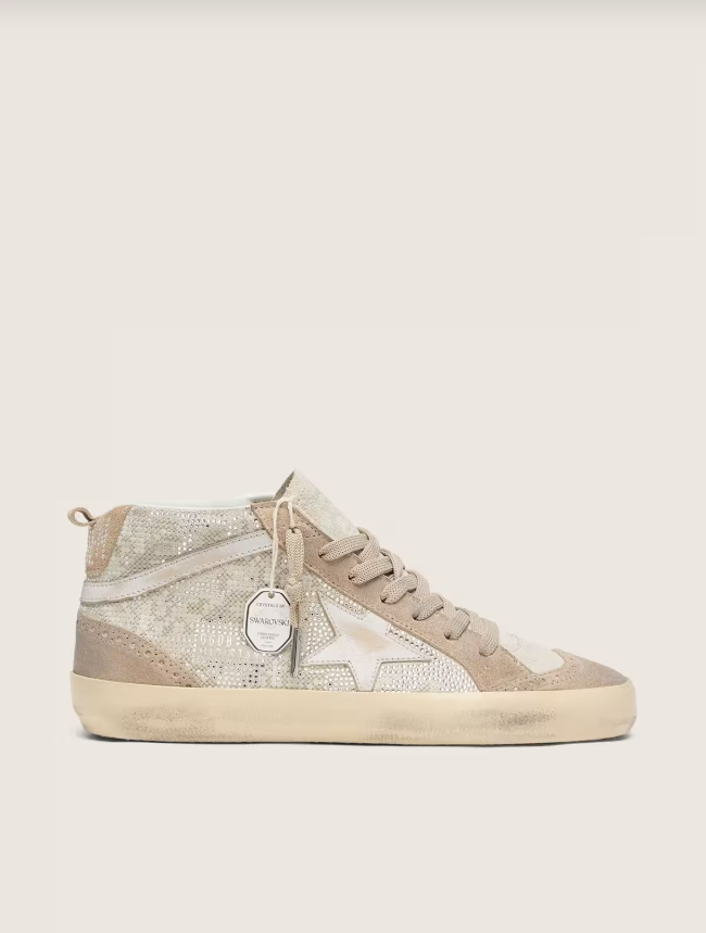 Golden Goose Mid Star in beige suede with silver Swarovski and white leather star