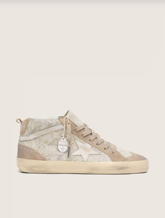 Golden Goose Mid Star in beige suede with silver Swarovski and white leather star
