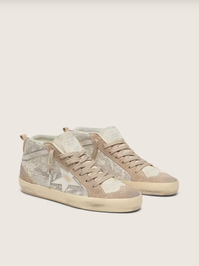 Golden Goose Mid Star in beige suede with silver Swarovski and white leather star