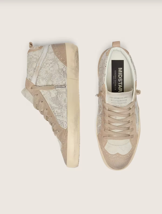 Golden Goose Mid Star in beige suede with silver Swarovski and white leather star