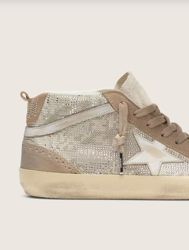 Golden Goose Mid Star in beige suede with silver Swarovski and white leather star