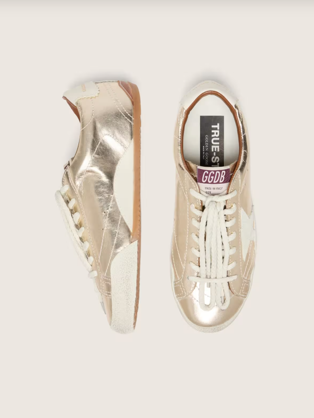 Golden Goose True-Star in metallic platinum leather with light gray suede star