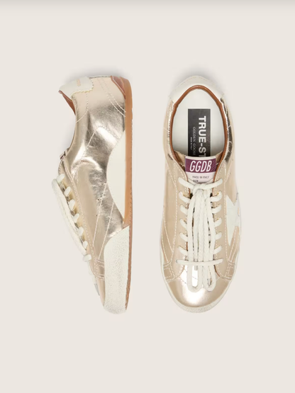 Golden Goose True-Star in metallic platinum leather with light gray suede star