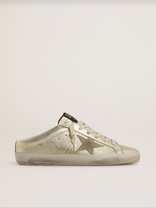 Golden Goose Super-Star Sabots in platinum foiled leather with beige suede star