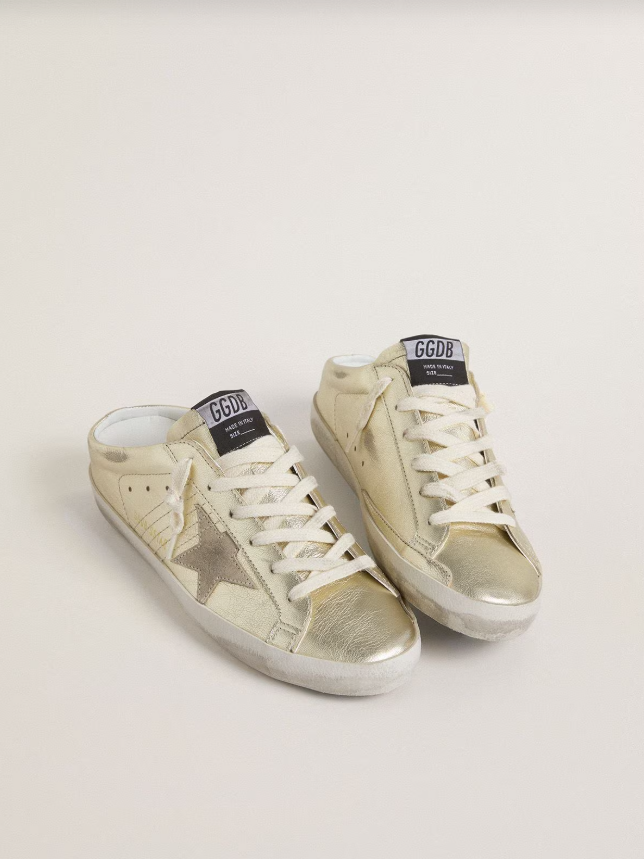 Golden Goose Super-Star Sabots in platinum foiled leather with beige suede star