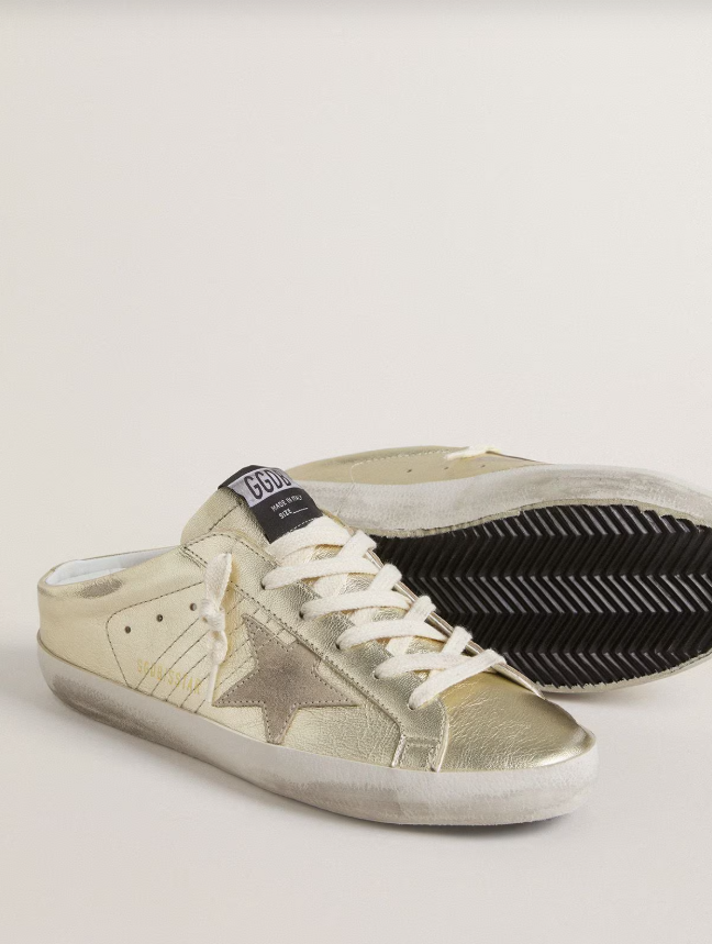 Golden Goose Super-Star Sabots in platinum foiled leather with beige suede star