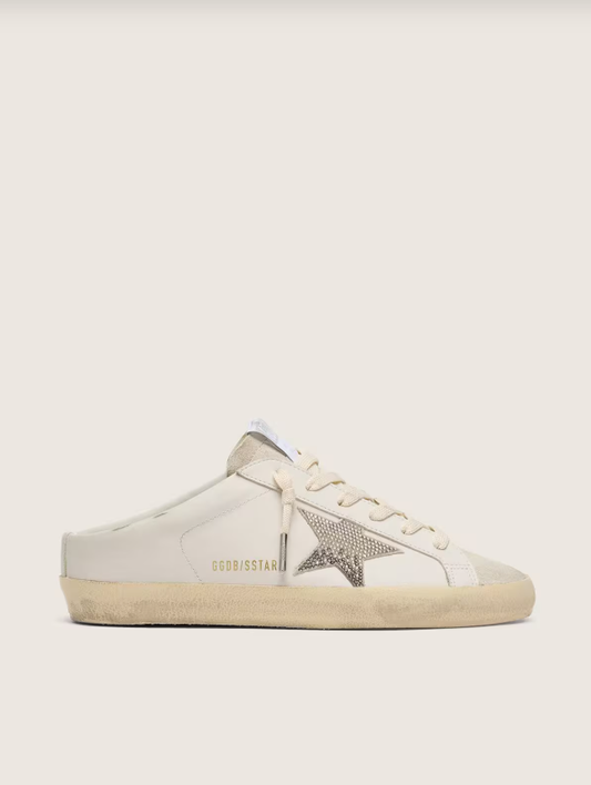Golden Goose Super-Star Sabots in white leather with Swarovski star