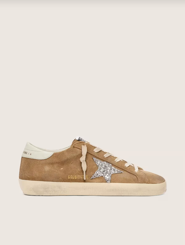 Golden Goose Super-Star in tobacco suede with silver glitter star
