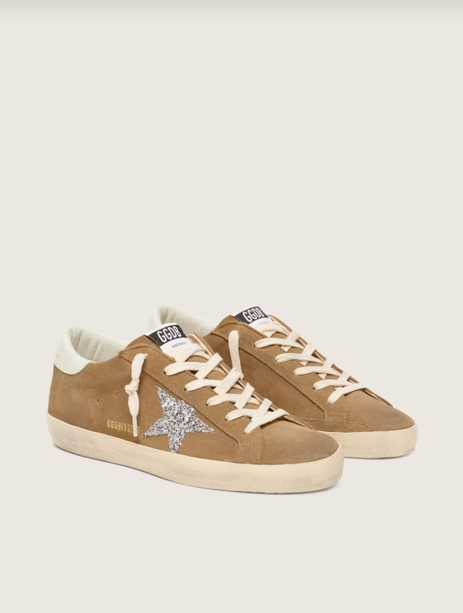 Golden Goose Super-Star in tobacco suede with silver glitter star
