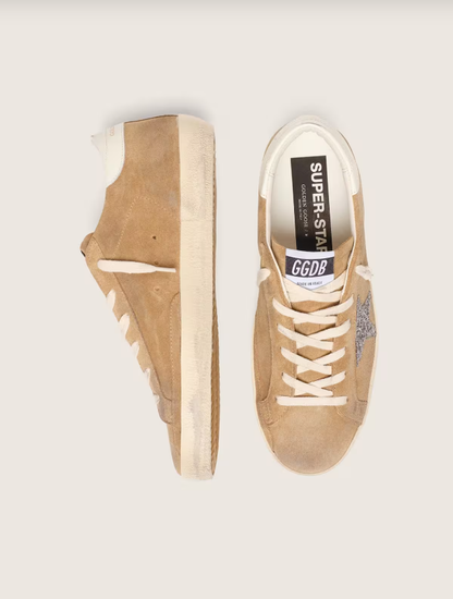 Golden Goose Super-Star in tobacco suede with silver glitter star