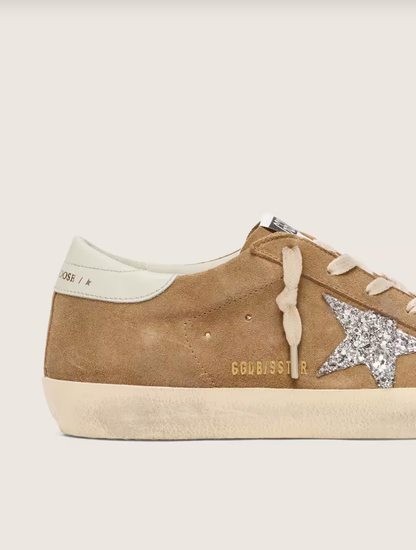 Golden Goose Super-Star in tobacco suede with silver glitter star