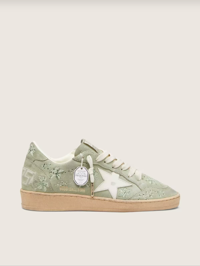 Golden Goose Ball Star in sage-green suede with white leather star and tone-on-tone Swarovski floral embroidery
