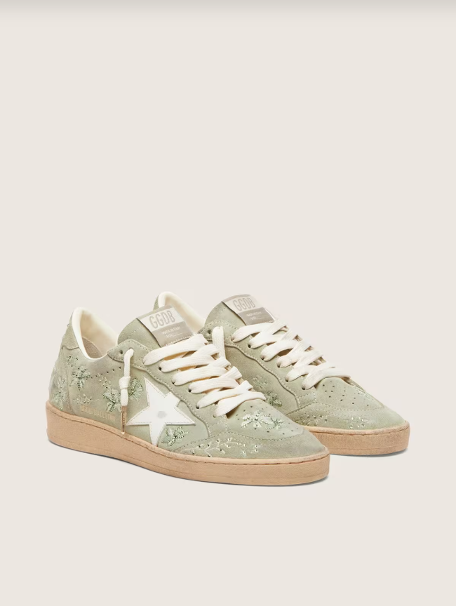 Golden Goose Ball Star in sage-green suede with white leather star and tone-on-tone Swarovski floral embroidery
