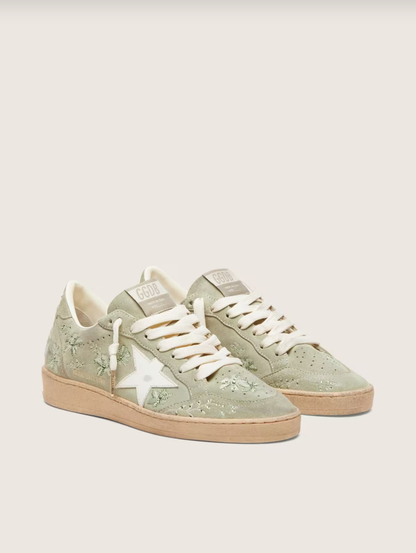 Golden Goose Ball Star in sage-green suede with white leather star and tone-on-tone Swarovski floral embroidery