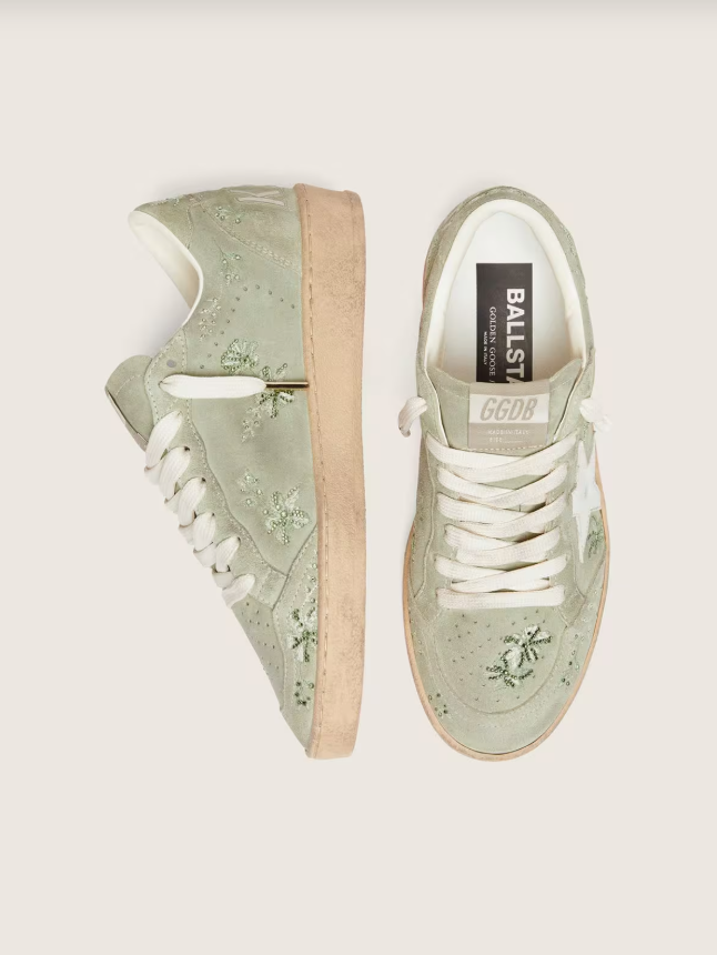 Golden Goose Ball Star in sage-green suede with white leather star and tone-on-tone Swarovski floral embroidery