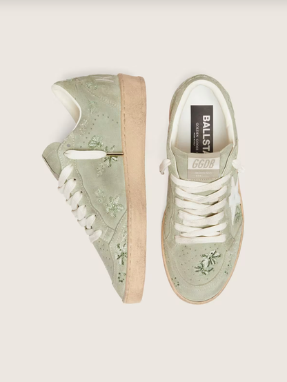 Golden Goose Ball Star in sage-green suede with white leather star and tone-on-tone Swarovski floral embroidery