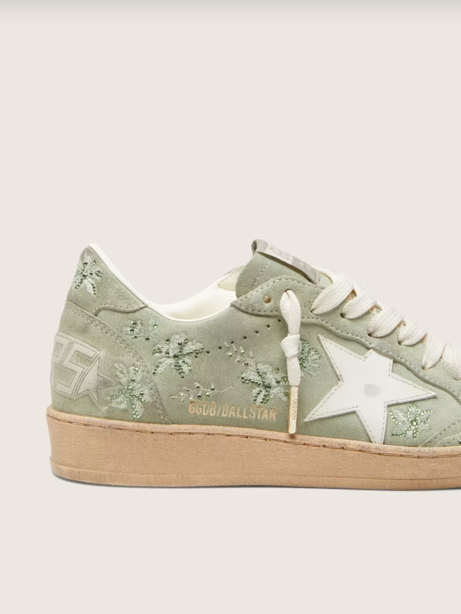 Golden Goose Ball Star in sage-green suede with white leather star and tone-on-tone Swarovski floral embroidery