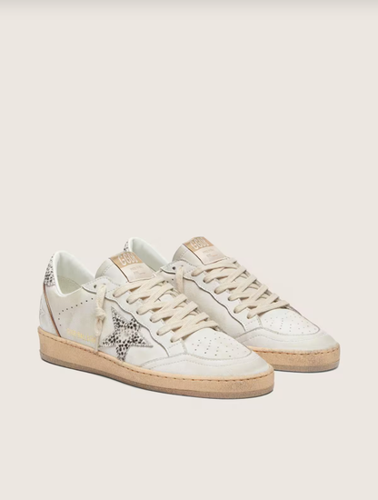 Golden Goose Ball Star LTD in white leather with animal-print pony skin star