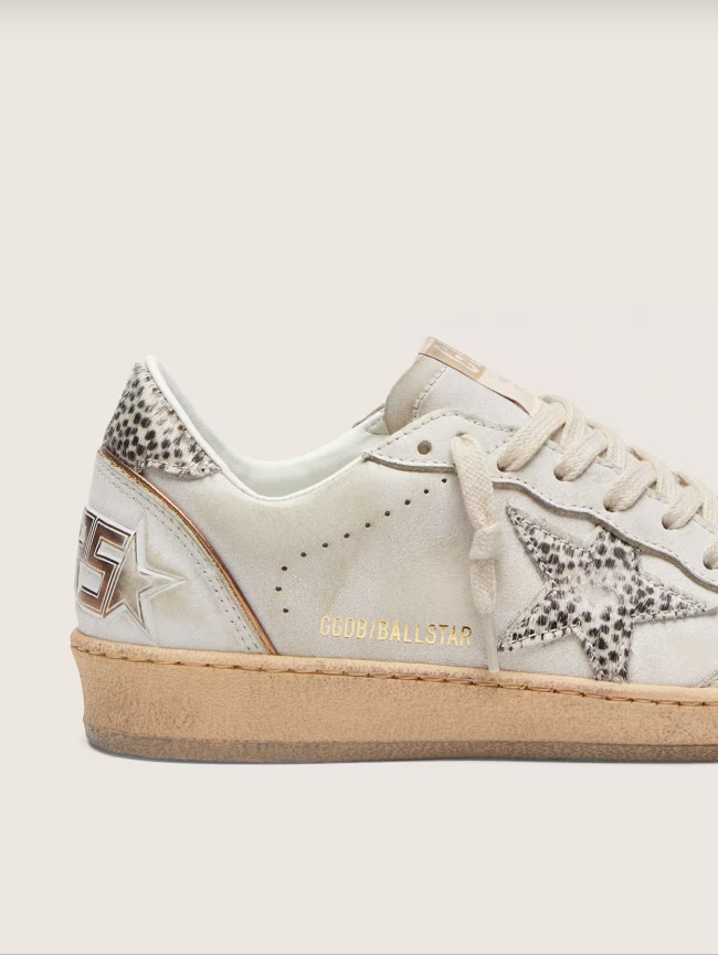 Golden Goose Ball Star LTD in white leather with animal-print pony skin star