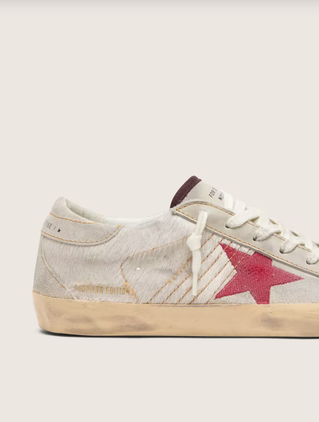 Golden Goose Super-Star LTD in white pony skin with red suede star