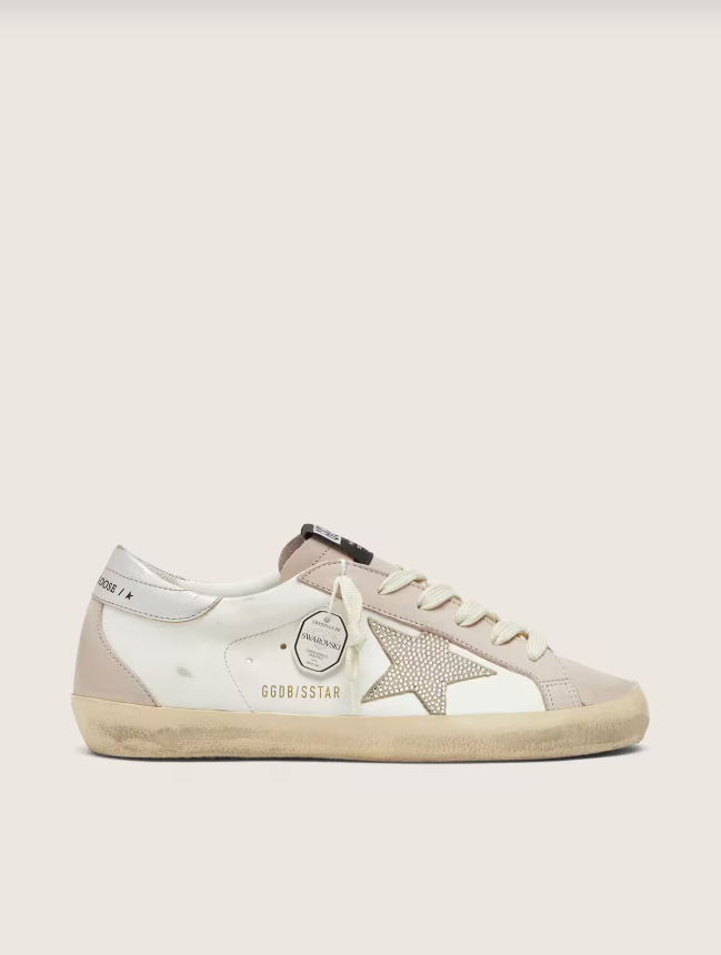 Golden Goose Super-Star in white and powder-pink leather with silver Swarovski crystal star
