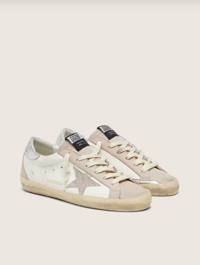 Golden Goose Super-Star in white and powder-pink leather with silver Swarovski crystal star