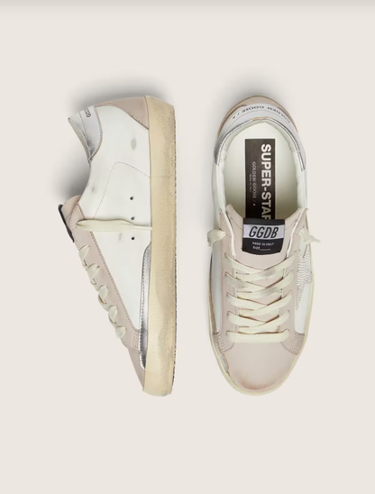 Golden Goose Super-Star in white and powder-pink leather with silver Swarovski crystal star