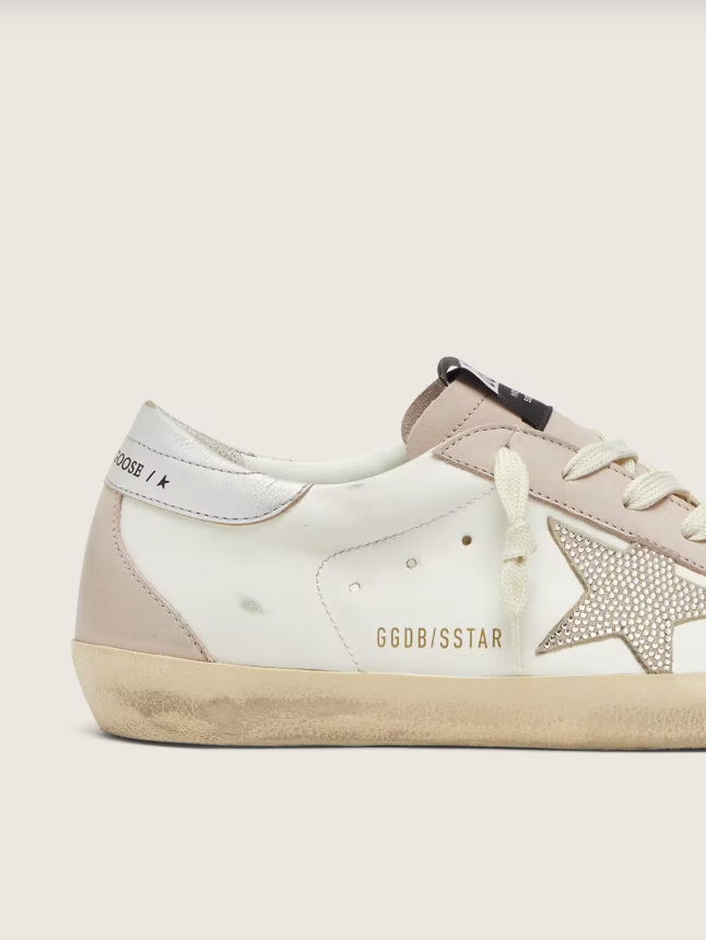 Golden Goose Super-Star in white and powder-pink leather with silver Swarovski crystal star