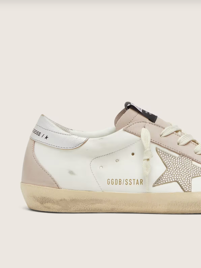 Golden Goose Super-Star in white and powder-pink leather with silver Swarovski crystal star